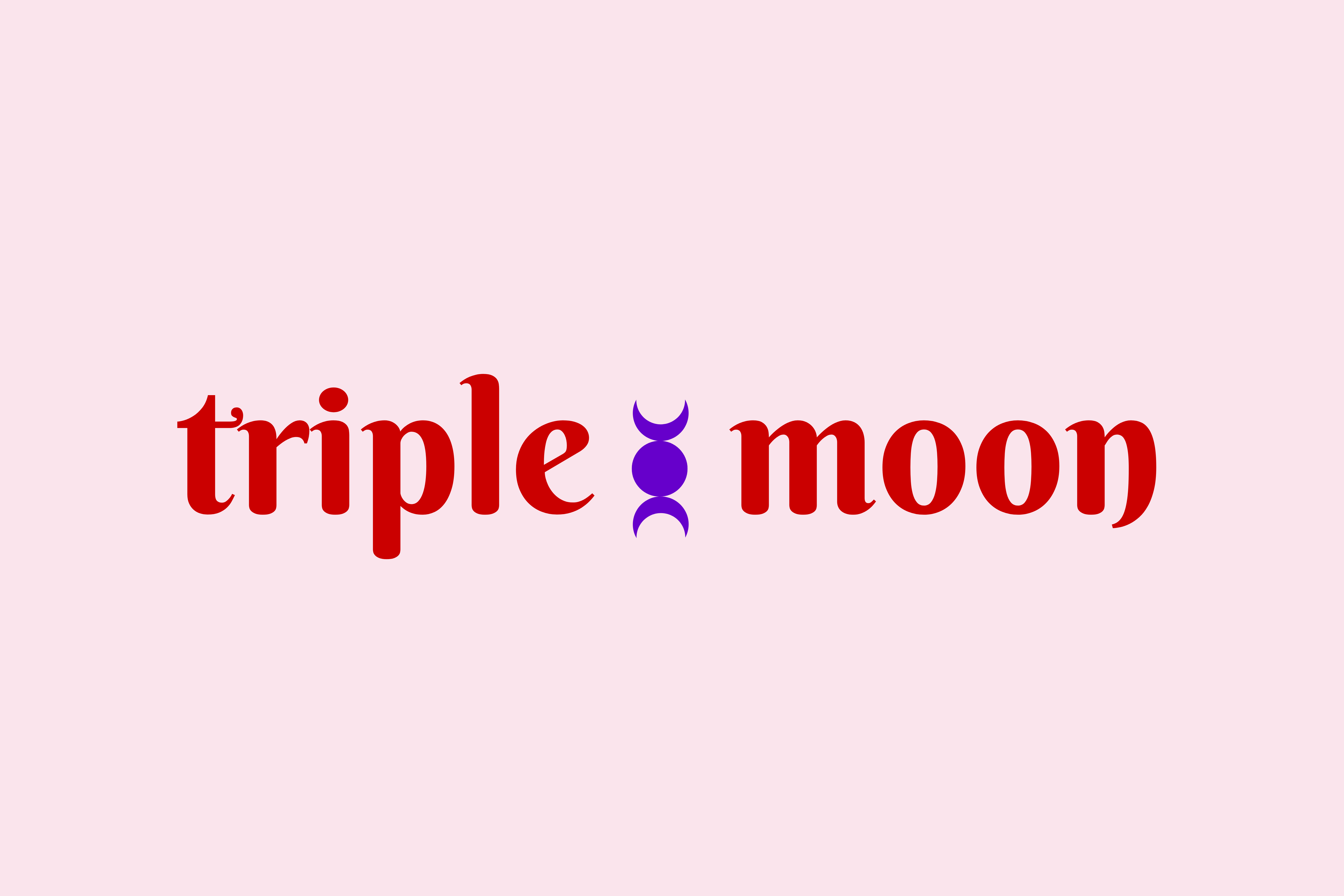 The Triple Moon logo is the word itself in dark red upon a light rose background and the tripple moon symbol of crescente, full and waning moon beneath the word.