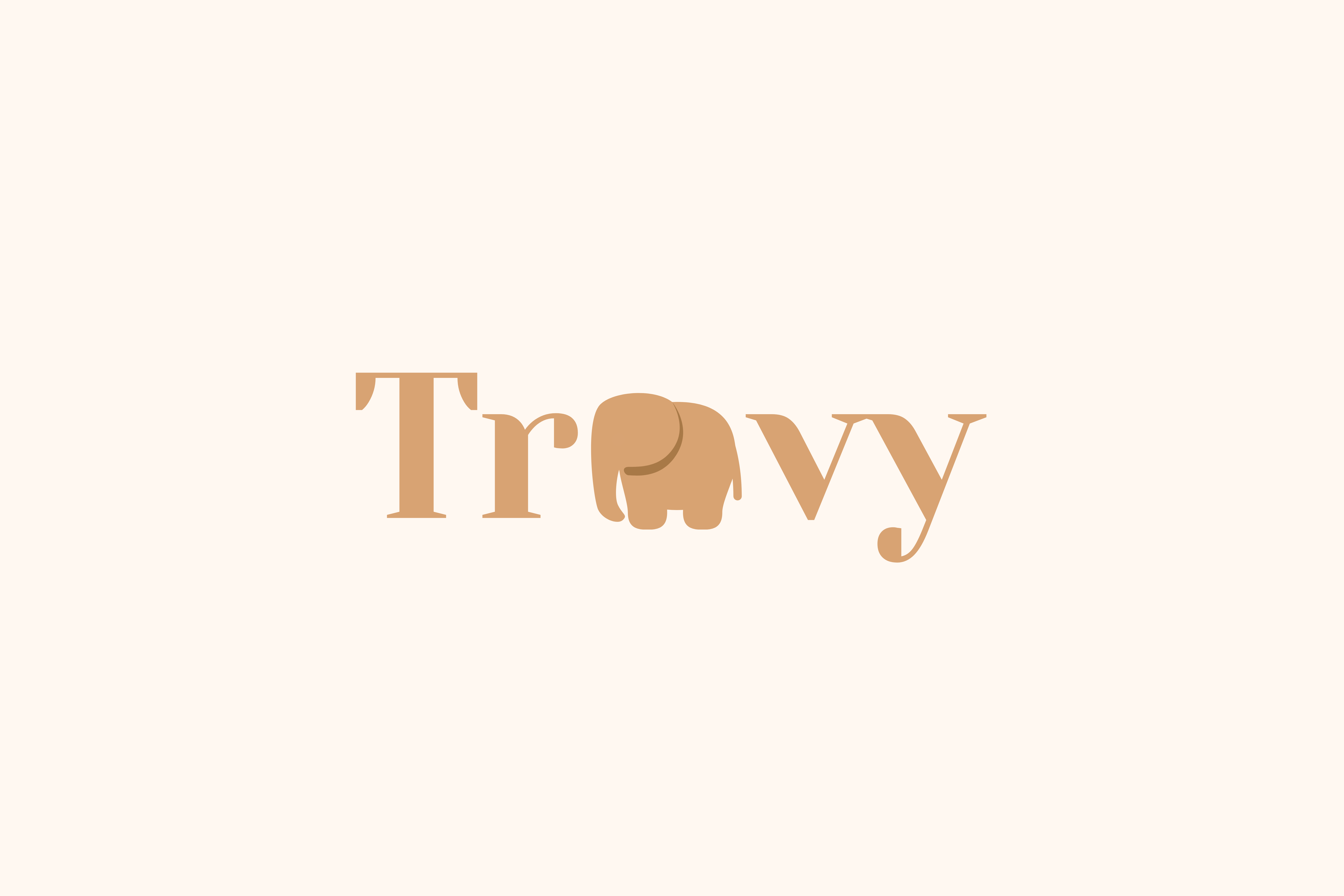 The Trovy logo is the word itself in light brown with the silhouette of an elephant as the letter O, over a light background.